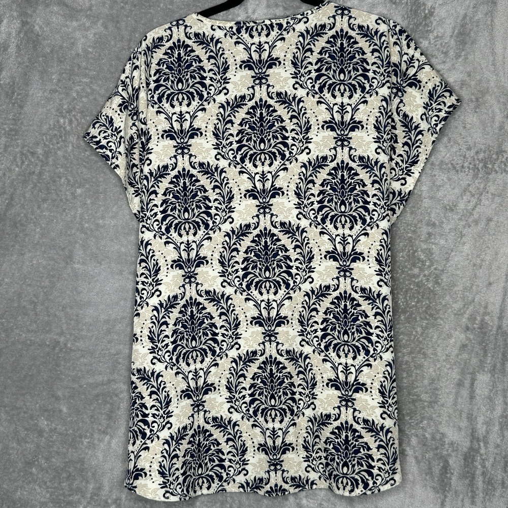Emery Rose 3X Top Shirt Tan Blue Paisley Cap Short Sleeve Keyhole Scoop Neck - Picture 4 of 6